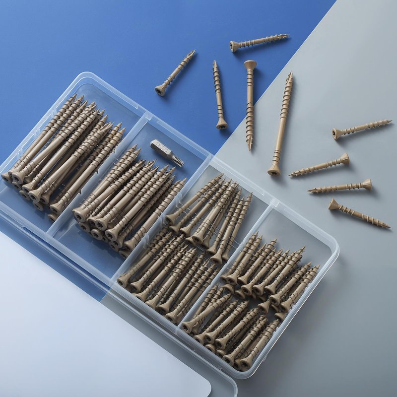 BNUOK Deck Screws Assortment Kit 96 PCS, Exterior Wood Screws Flat Head Torx Drive Rust Resistant Epoxy Coated Reverse Upper Thread Trim Screw, #8 1-5/8" 2" #10 2-1/2" 3", Tan
