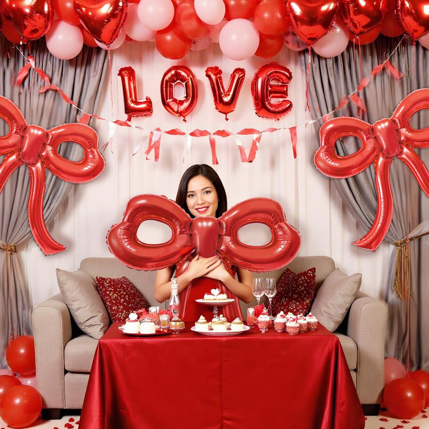 4 Pcs Red Bow Balloons Bow Party Decorations for Girl Women Red Bow Birthday Decorations Giant Foil Balloon for Baby Shower Engagement Wedding Christmas Decor Bachelorette Party Supplies