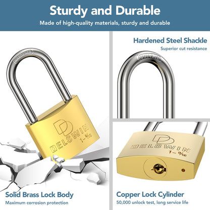 DELSWIN Weatherproof Padlock with Key (Keyed Alike) - Heavy Duty Solid Brass Locker Lock with 1-9/16" Long Shackle, Marine Grade Pad Lock for Outdoor Gate, Fence, Shed (2 Pack)