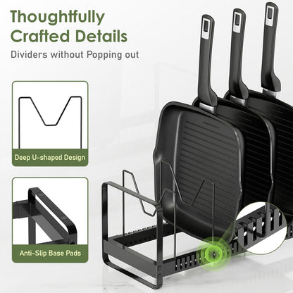 MUDEELA Pots and Pans Organizer Rack for under Cabinet, Expandable 11.81''-22.85'' Pot Lid Kitchen Cabinet Organizer Holder with 10 Adjustable Compartment Cutting Board Organizer for Pan Lid, Bakeware