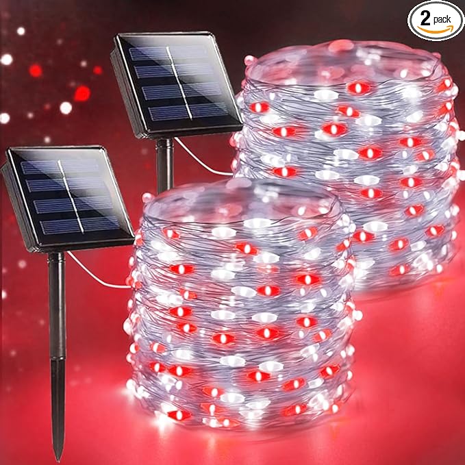 Extra-Long 144FT Solar String Lights for Outside, 2 Pack 400LED Solar Christmas Lights Outdoor, Waterproof Copper Wire with 8 Modes Twinkle Fairy Light for Tree Garden Party Xmas Decor (Red and White)