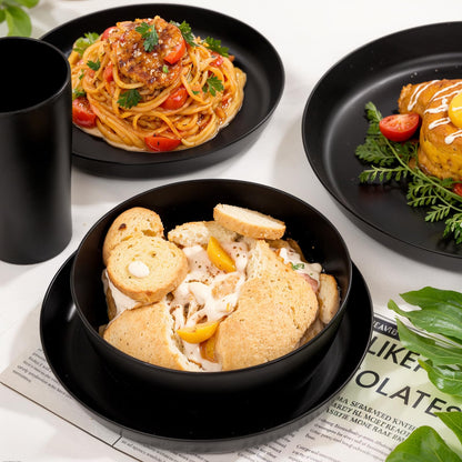 EI 24pcs Black Wheat Straw Plates,Wheat Straw Dinnerware Set,Plates and Bowls Sets,Reuasble Plate,Unbreakable Dinner Plate Heavy Duty Plastic for Halloween