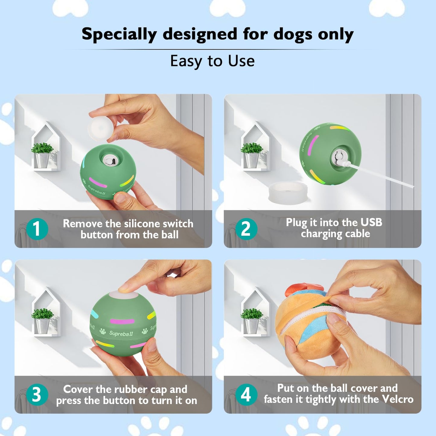 BARHOMO Dog Balls,The 3rd Generation Interactive Toys for Puppy/Small/Medium/Large Dogs,Improved Dog Rolling Effect Tennis Ball with Strap, Tough Motion Activated Automatic Moving Dog Toys (Green)