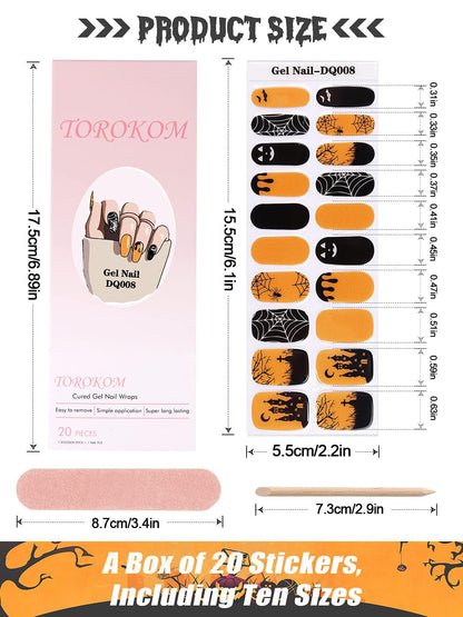 Halloween Cured Gel Nail Polish Strips, TOROKOM 20 Stickers Halloween Gel Nail Polish Stickers Full Wraps Nail Art Stickers Bat Spider Net Face Gel Stickers with Nail File and Stick