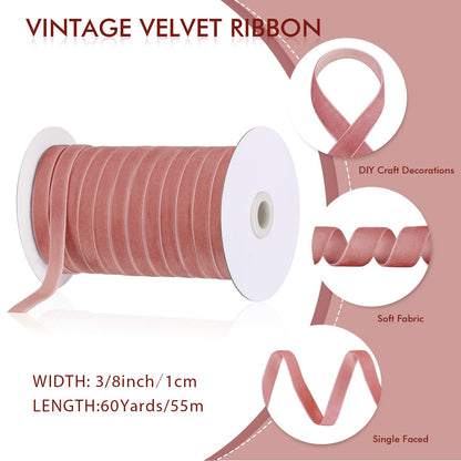 Chuangdi 3/8 Inch, 60 Yard Rose Gold Christmas Velvet Ribbon Wide Vintage Velvet Ribbons for Christmas Tree Ornaments Flower Bouquets Wedding Wreath Bow Making DIY Craft Choker