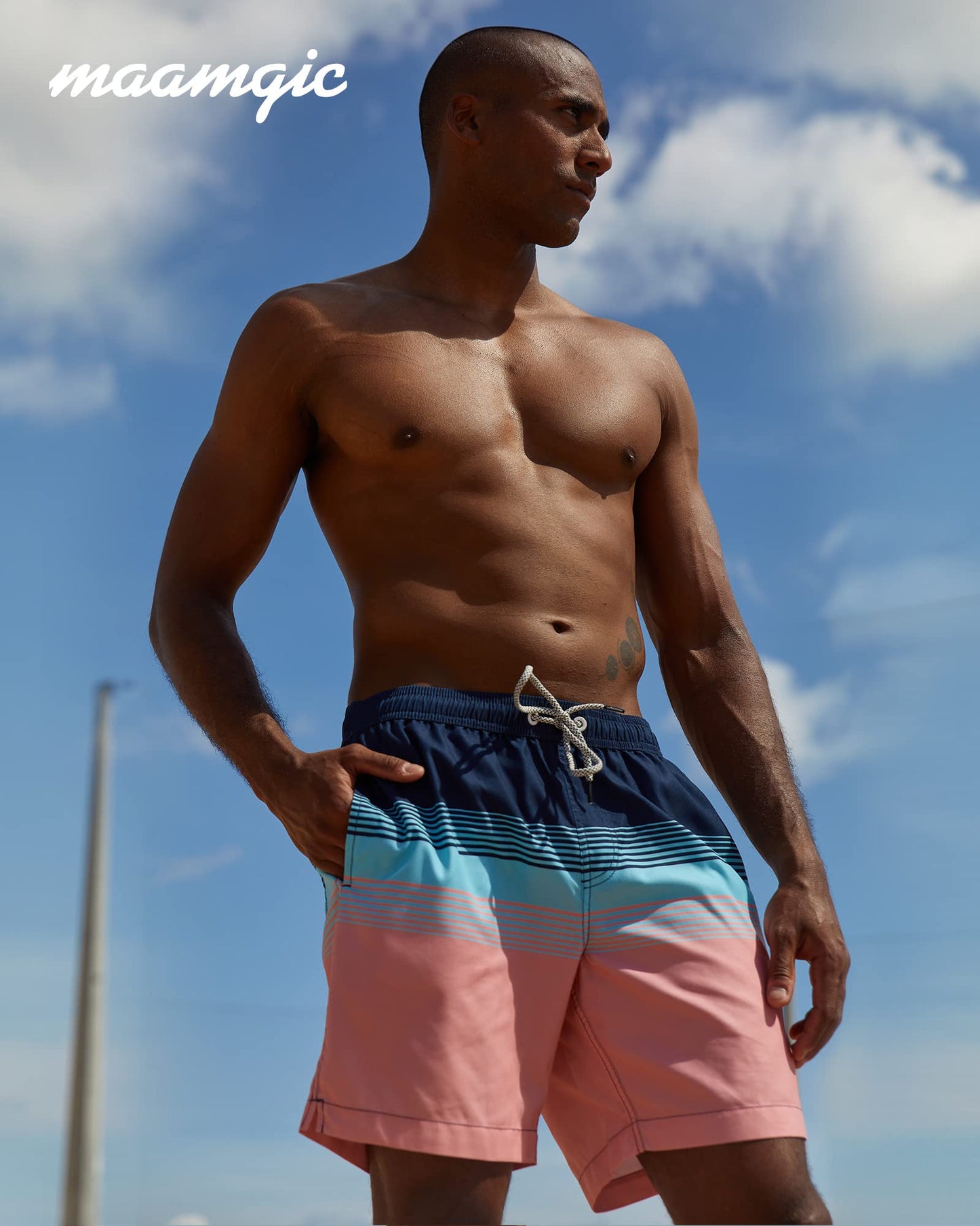 maamgic Mens Swim Trunks Quick Dry Swim Shorts with Mesh Lining Funny Swimwear Bathing Suits 7inch Blue Pink Striped Horizontal X-Large
