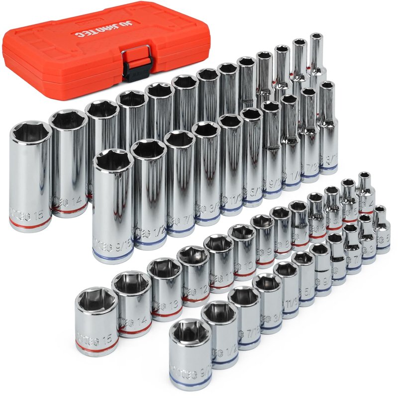 JU JIAN TEC 47-Piece 1/4" Drive Impact Socket Set - Deep & Shallow Socket Set SAE 5/32"-9/16" and Metric 4-15mm, 6 Point CR-V Alloy Steel for Auto Repair, with Molded Case