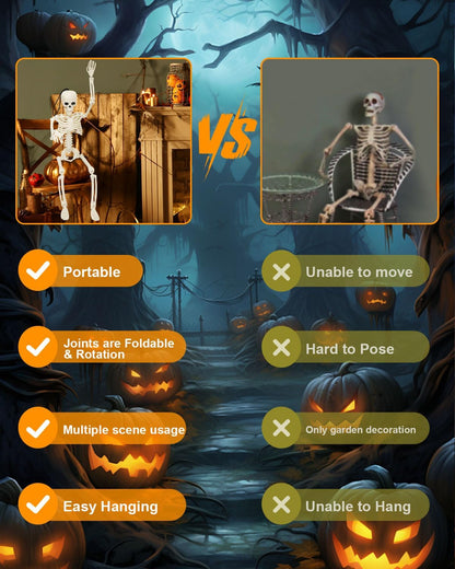 5 Pack Posable Skeleton Halloween Decorations, 16in Halloween Skeleton Decor- Full Body Movable Joints with 22 Spiders & Cobweb, Outdoor/Indoor Scary Party Graveyard Props Hanging Skeletons