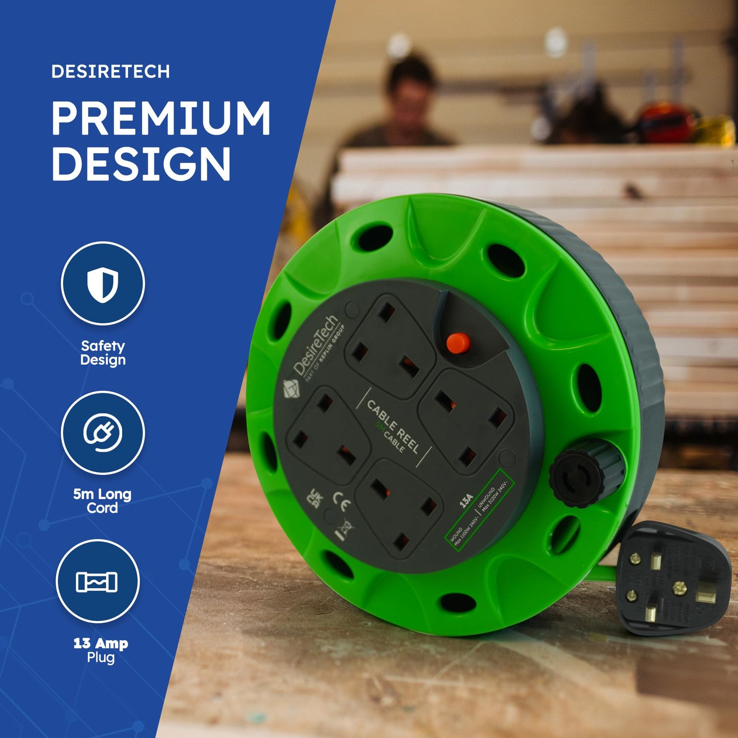 Desiretech - 4 Socket Extension Lead - 5m Portable Cable Reel - Thermal Cut Out, Ergonomic Handle, Green/Black - Heavy Duty Extension Cord for Indoor Use (5 Metre)