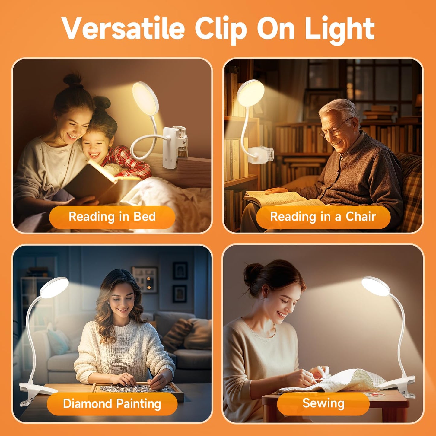 One Fire Reading Lights for Books in Bed, 3600 mAh Rechargeable Lamp, 5 Brightness/5 Colors/Memory Clip on Light, 360° Flexible Reading Lamp, 400LM+36 LED Clip On Reading Light, University Essentials