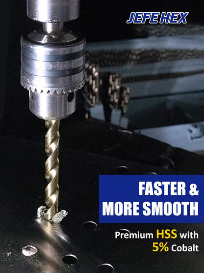 JEFE HEX 115 Pcs Cobalt Drill Bit Set, All M35 HSS Drill Bit Sets, 135° Split Point, Fractional Sizes 1/16" to 1/2", Letters A-Z, Wire Sizes #1 to #60, Durable Metal Indexed Storage Case