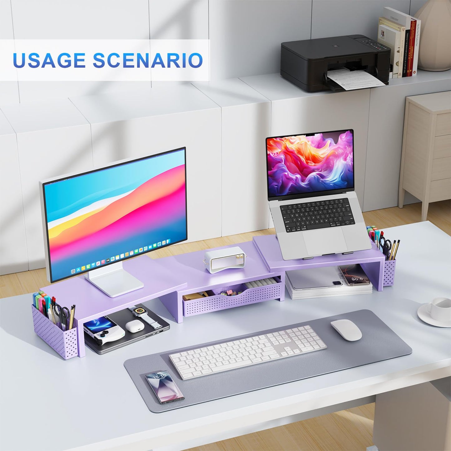 gianotter Dual Monitor Stand Riser, Desk Organizer With Drawer and 2 Pen Holders, Desk Organizers and Accessories, Purple Office Decor (Purple)