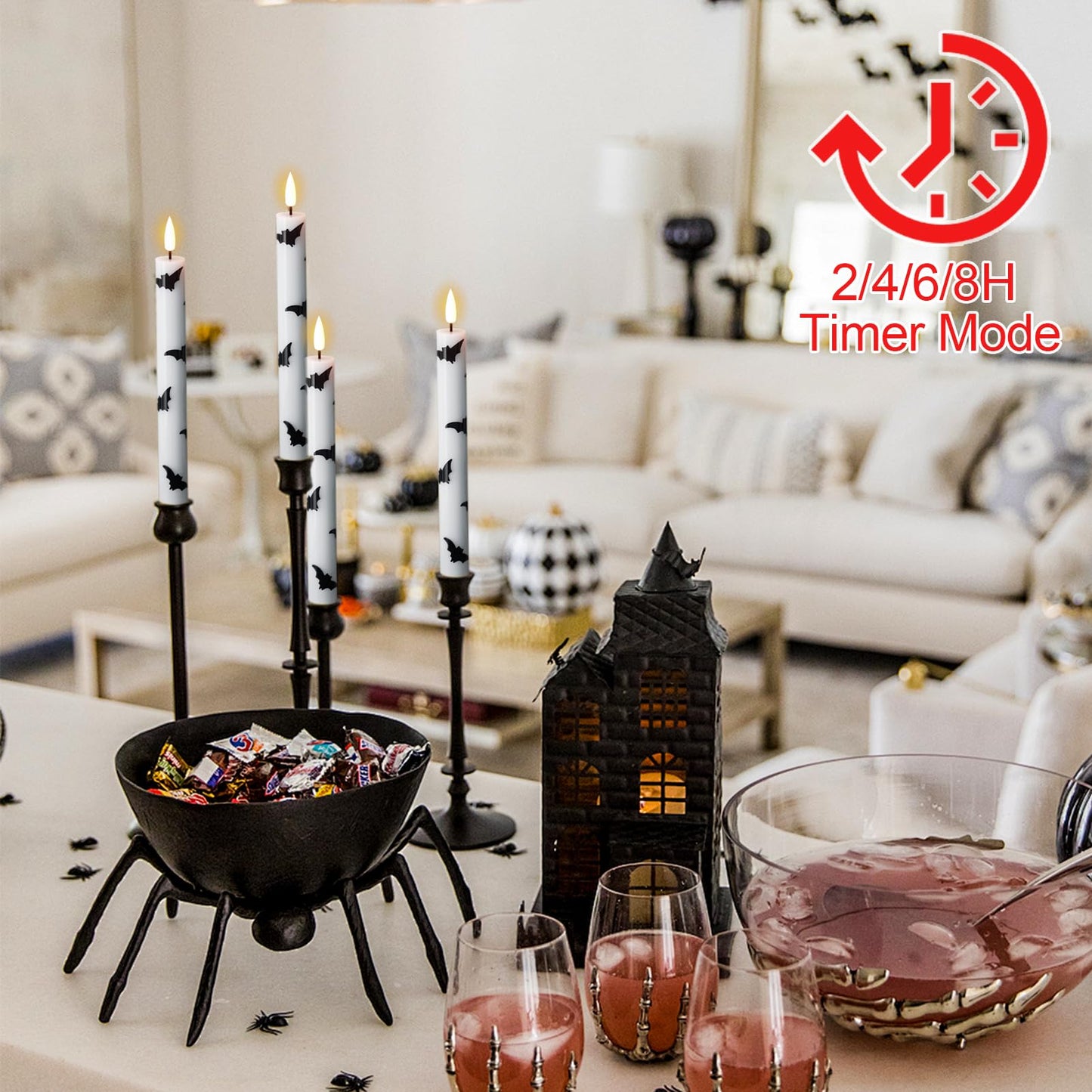 GenSwin Halloween Flameless Taper Candles, 4 Pack LED Taper Candles Battery Operated with Remote Timer, Real Wax White Flickering Flameless Candlesticks with Bat Prints for Spooky Decor(0.75” x 9.65”)