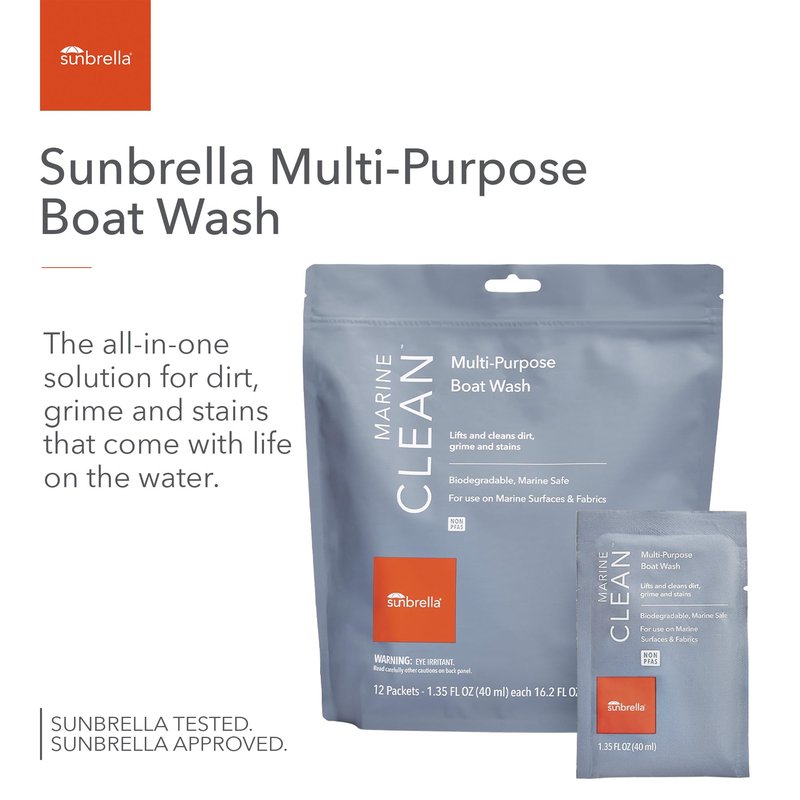 Sunbrella Marine Clean Multi-Purpose Boat Wash | Powerful Concentrated Formula | Clean Your Entire Boat | Removes Dirt, Grime | Safe for Fiberglass, Vinyl, Metal & More | 12 Individual Packets