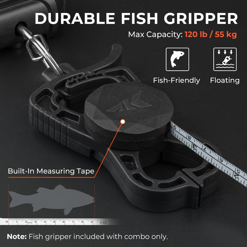 KastKing Weighmaster Mechanical-Digital Fishing Scale with Lip Gripper, 120 lb Capacity, 2.5" Backlit Display, High-Precision Sensor, 9 Weight Memory, Temperature Detection, IPX6 Waterproof