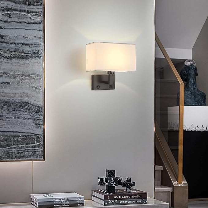 Bedside Wall Mount Light with USB, LED Reading Swing Arm Fabric Shade Wall Sconce Light Hardwired, Perfect for Bedroom, Living Room and Hotel (Black)