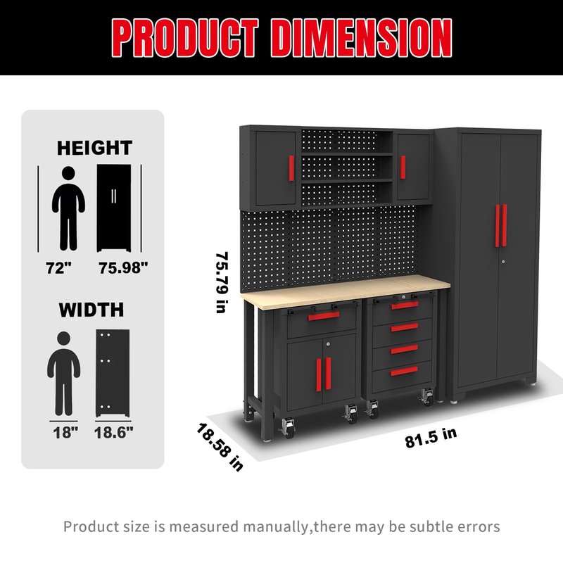 TCE Garage Cabinets Storage System: 6 Piece Set with Lockers and Workbench for Home, Office, Gym, School, Black/Grey