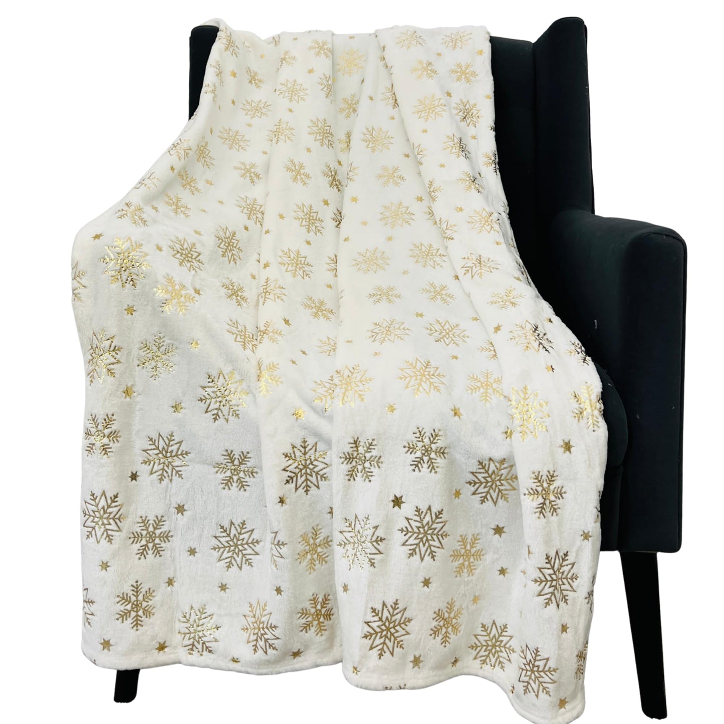 Winter Holiday Christmas Fleece Throw Blanket: Velvety Soft, Gold Snowflakes Stars Design, Durable Accent for Bed or Couch, Oversized 50 x 70 inches