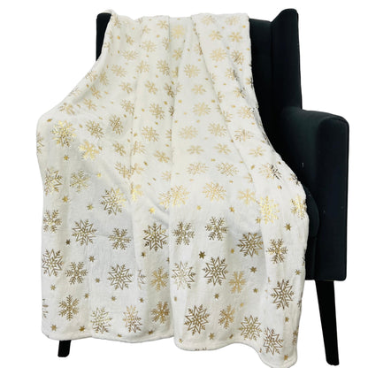 Winter Holiday Christmas Fleece Throw Blanket: Velvety Soft, Gold Snowflakes Stars Design, Durable Accent for Bed or Couch, Oversized 50 x 70 inches