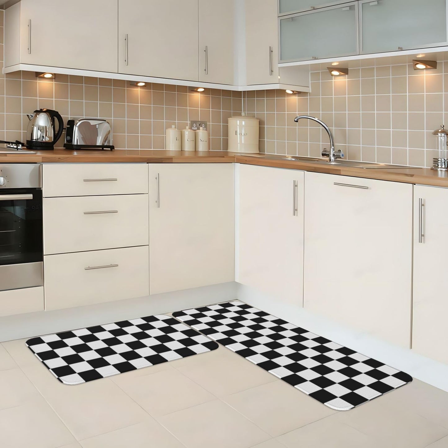 Sovvin Black and White Checkered Kitchen Rugs Microfiber Floor Mats Checkerboard Cushioned Carpet Runner Rug for Laundry Bathroom Living Room, 2 Piece Set 17"X 47" + 17"X 30"