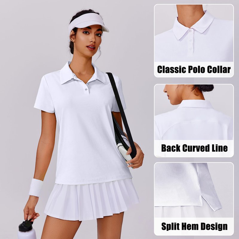 PINSPARK Polo Shirts for Women Short Sleeve Golf Shirt Lightweight Tennis Sport Tops Quick Dry Athletic T Shirt Side Slit Collared Workout Top, White Large