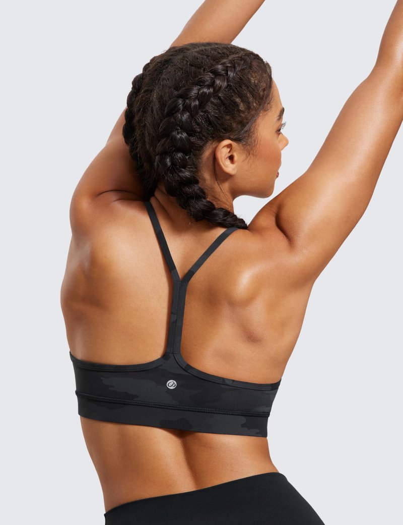 CRZ YOGA Butterluxe Y Back Sports Bras for Women - Padded Racerback Low Impact Spaghetti Thin Strap Workout Yoga Top Dark Grey Camouflage 2 X-Small