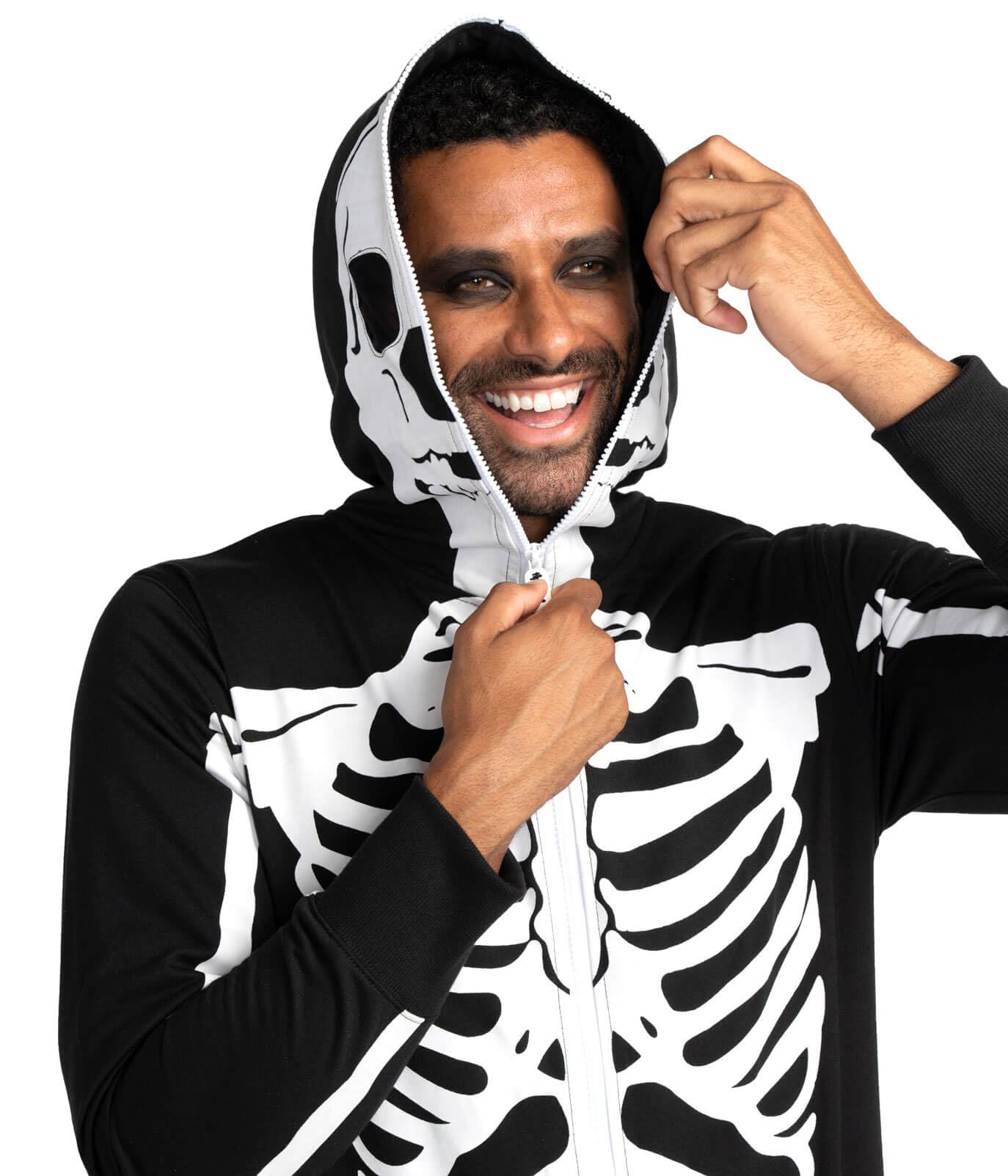 Tipsy Elves Halloween Skeleton Costume for Men - Comfy Adult Skeleton Jumpsuit with Hood - Men's White Bones Jumpsuit Halloween Costume with Full Zip Hood Size Large
