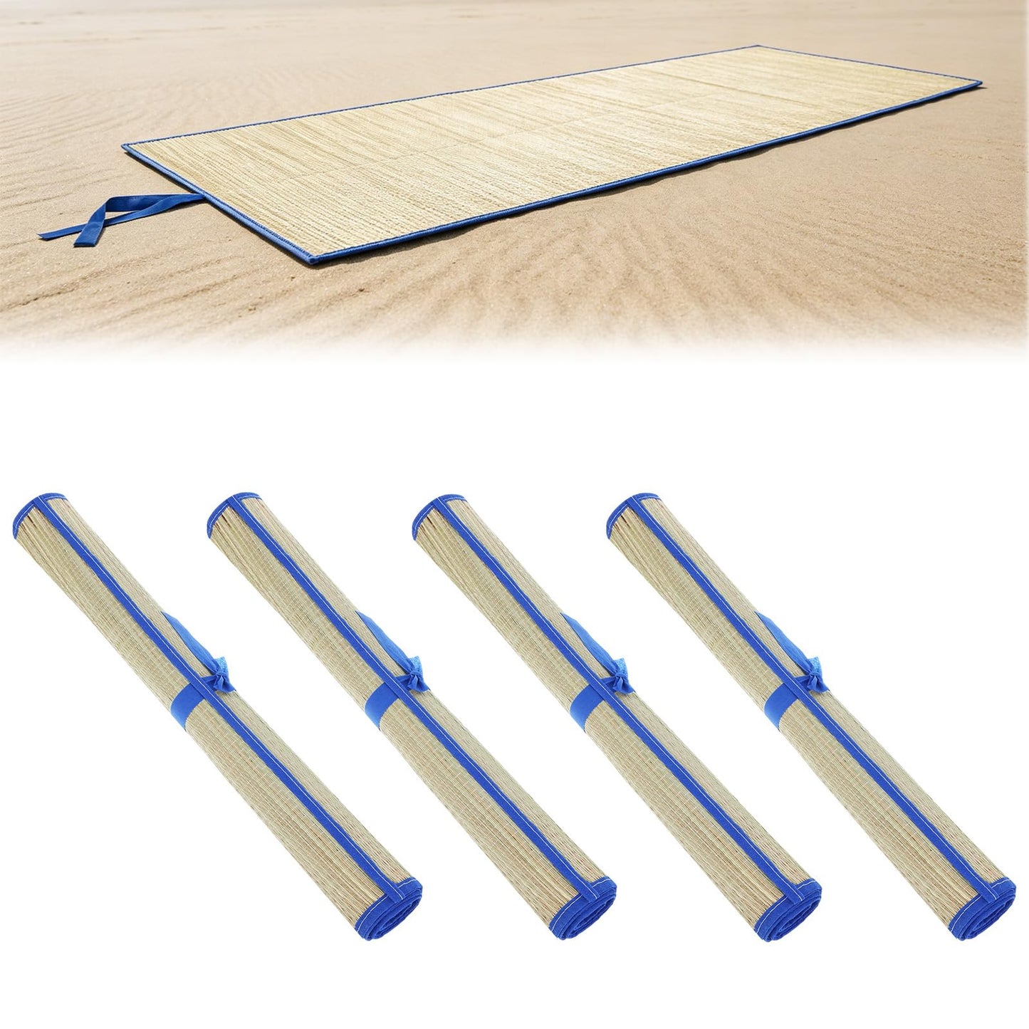 BOUTICOL 4 Pack Natural Straw Beach Mat, Multi-Purpose Non Slip Foldable Beach Mat with Trim and Portable Handle for Summer Tanning Camping Picnics Floor Yoga Festivals Outdoor Activities