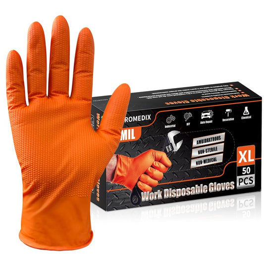 PROMEDIX P Heavy Duty Nitrile Disposable Gloves,8-mil Orange,Raised Diamond Texture Work Gloves，Industrial Work gloves (8mil Orange Box of 50, Small)