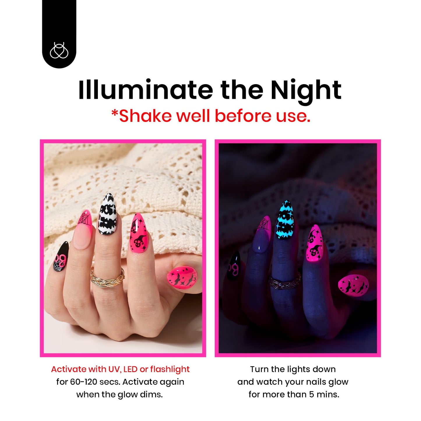 Beetles Hot Pink Gel Nail Polish - Luminous Pink Gel Polish 15ml Glow in the Dark Pink Halloween Soak Off Uv LED Nail Lamp Nail Art Manicure Salon DIY Home for Women Girls