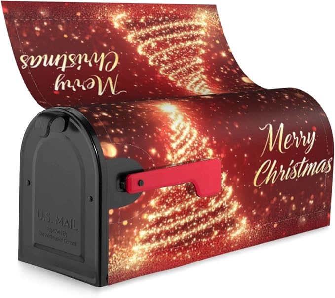 Festive Magnetic Mailbox Cover Red Pine Tree Christmas Pattern Outdoor Mailbox Protector Holiday Seasonal Decorative Garden Yard Home Standard Size 21 x 18 Inch