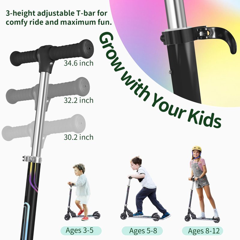 BELEEV Scooters for Kids Ages 3-12 with Light-Up Wheels & Stem & Deck, 2 Wheel Folding Scooter for Girls Boys, 3 Adjustable Height, Non-Slip Pattern Deck, Kick Scooter for Children (Black)