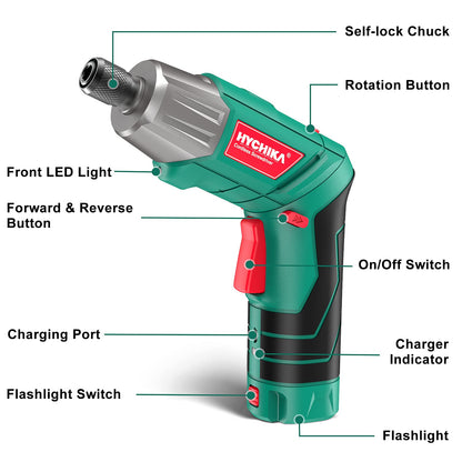 HYCHIKA Electric Screwdriver, 6Nm Torque Cordless Screwdriver 2000mAh 3.6V with 35 Accessories, LED Light and Rear Flashlight, USB Cable and Storage Box