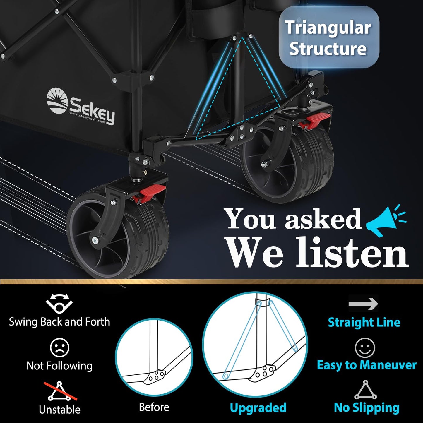Sekey 200L Folding Festival Trolley with All-Terrain Extra Wide Wheels and Brake, Heavy-Duty Cart Loadable up to 150KG, Patented Four-Directional Foldable Design, Wagon for Beach Camping Garden, Black