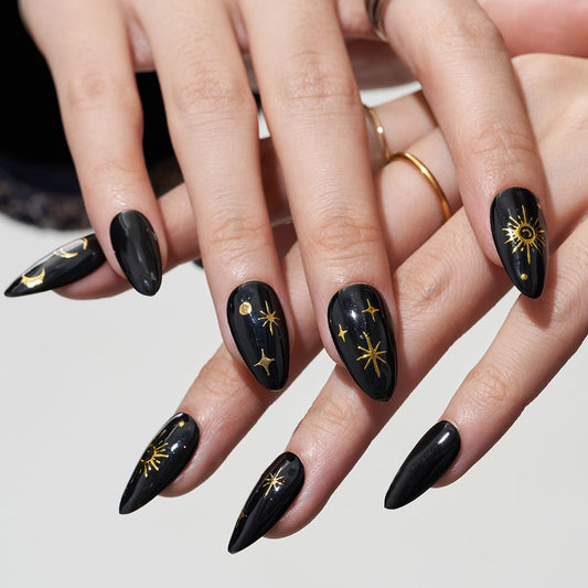 GLAMERMAID Press on Nails Medium Almond, Handmade Gothic Star in Black Gel Glue on Nail, Glossy Short Stiletto Reusable UV Finish Fake Nails Acrylic False Nails Manicure Kits for Women