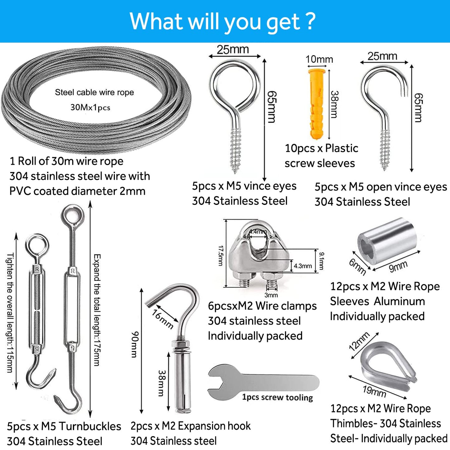 30M Garden Wire For Climbing Plants, AMLOOPH Picture Wire Heavy Duty Decking Rope Stainless Steel Cable Wire 2MM Fence Wire Rope Clips Turnbuckle Wire Tensioner For String Lights Hanging Kit(48pcs)