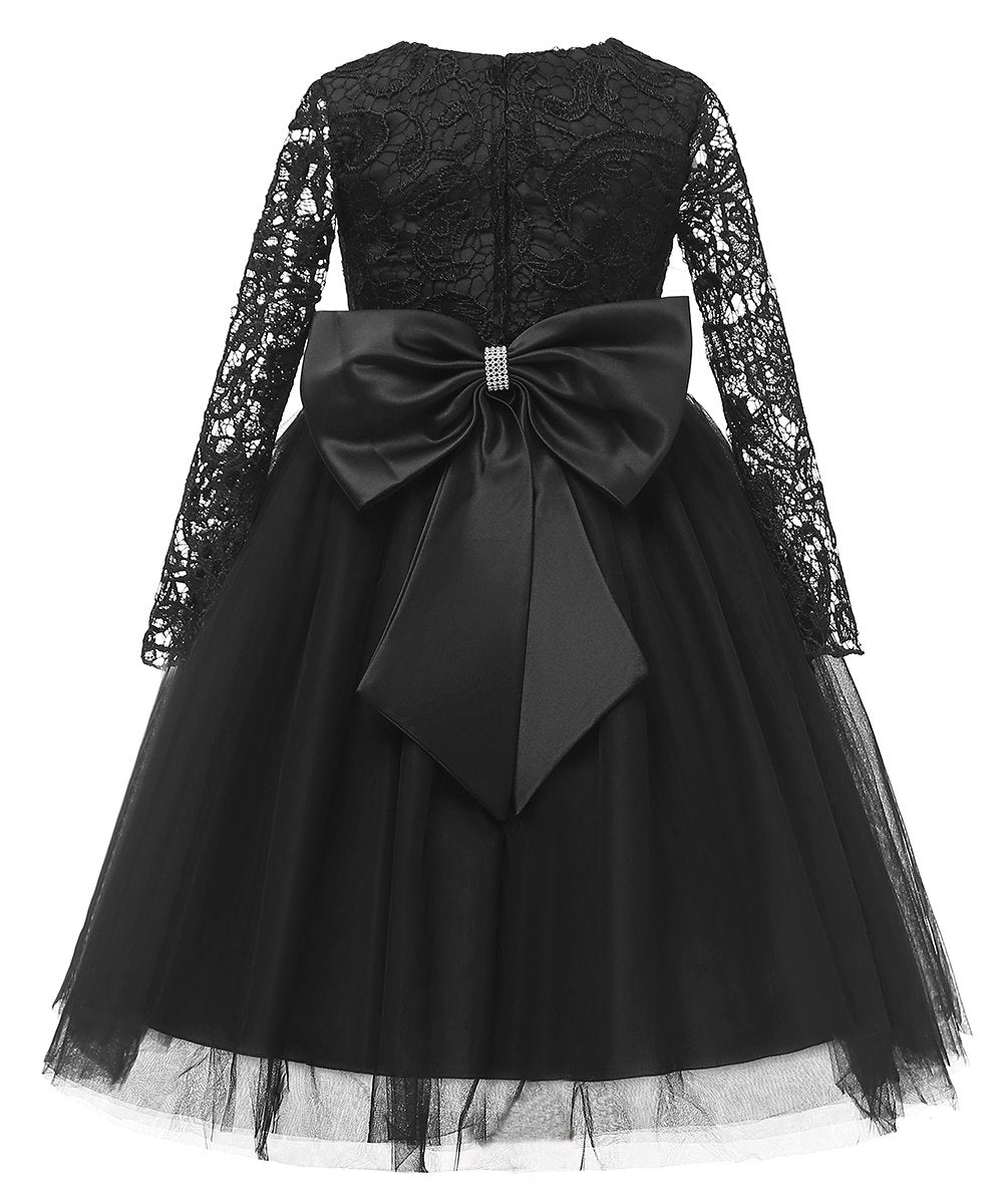 Flower Girl Dress Long Sleeves Lace Top Tulle Skirt Girls Lace Party Dresses (Size 10,Black)