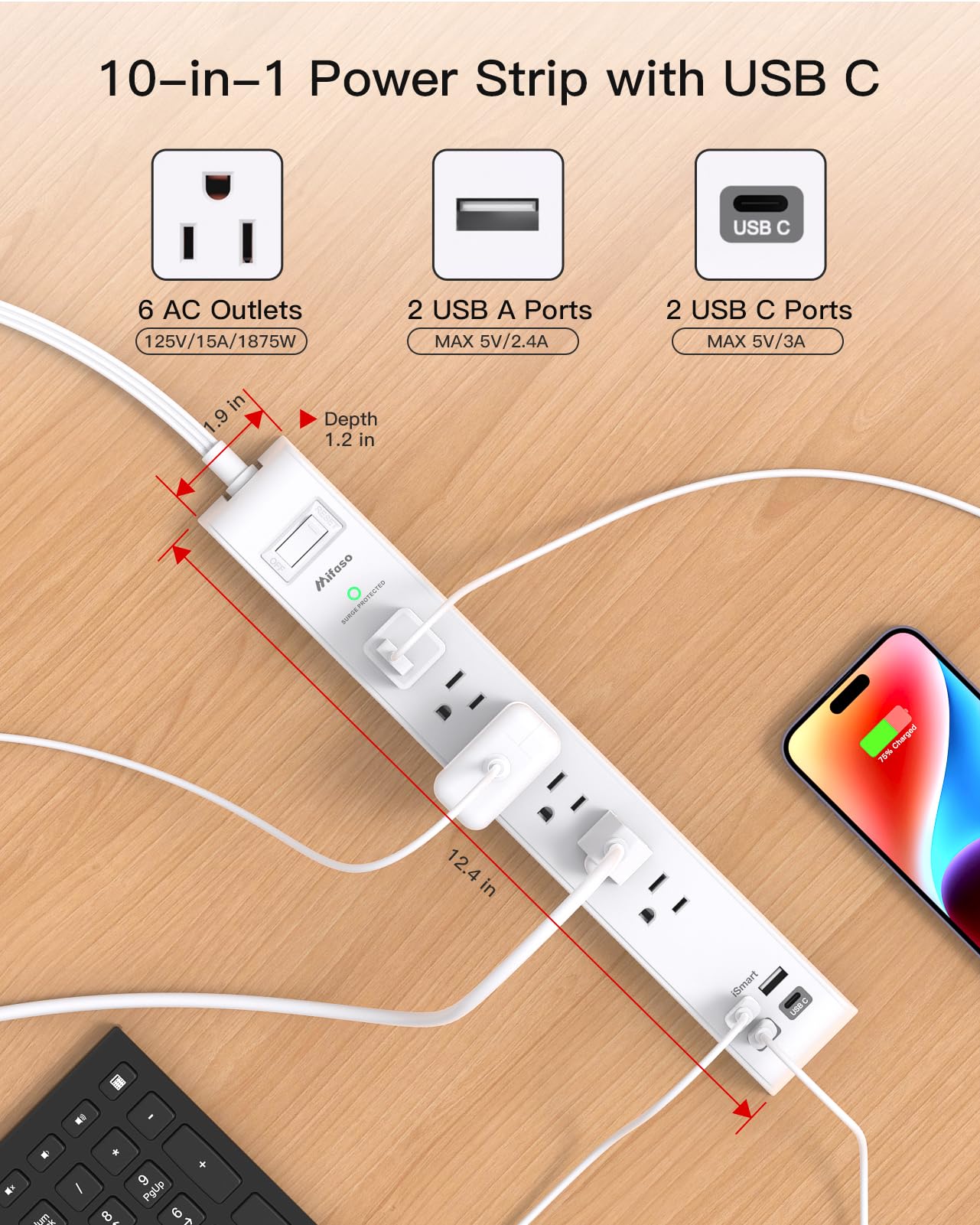 2 Pack Power Strip, 12FT Long Extension Cord, Surge Protector with 6 Outlets and 4 USB Ports (2 USB C), Flat Plug Overload Protection, Extension Cord 10+ ft, Wall Mount for Home Office Dorm College