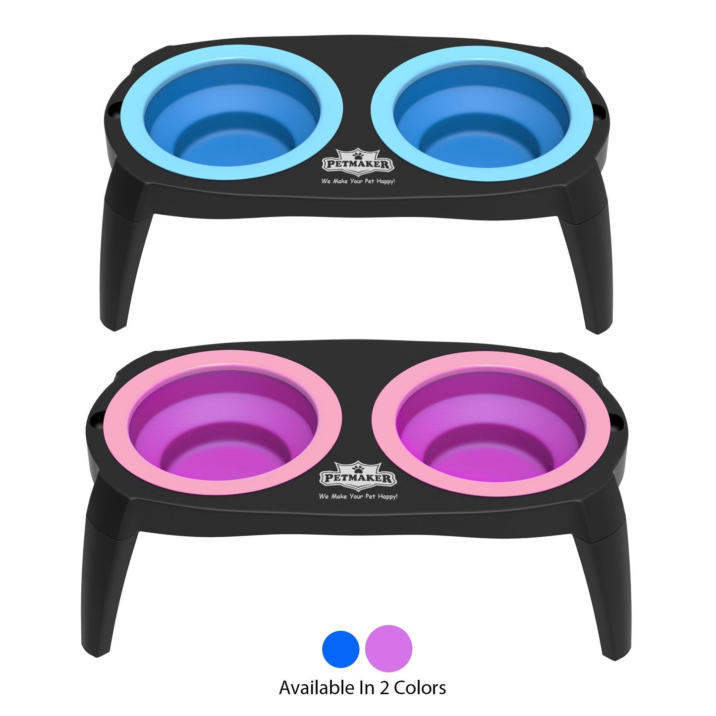 Elevated Cat and Dog Food Bowls with Non-Slip Stand - Removable and Collapsible Silicone Feeder for Food and Water - 16-Ounces Each by PETMAKER (Pink)