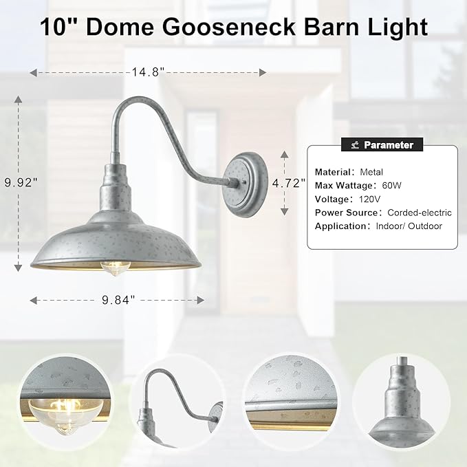 10in Dome Outdoor Gooseneck Barn Light Sliver Exterior Patio Wall Lantern Farmhouse Style Galvanized Outdoor Porch Wall Sconce for House, Garage Gooseneck Lighting Fixture 1 Pack, LM2201-SV