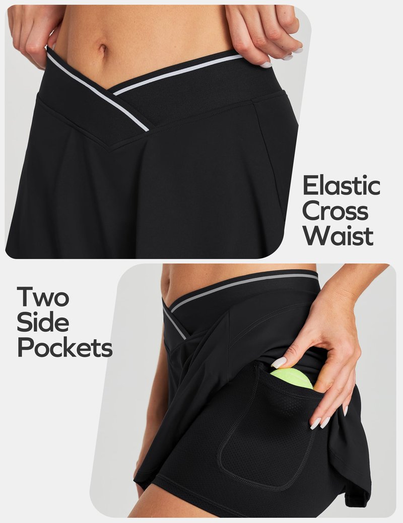 Ewedoos Women's Athletic Skirt Cross Waist Tennis Skirt with Pockets Linner Skorts Tennis Skirts Golf Pickleball Casual Black