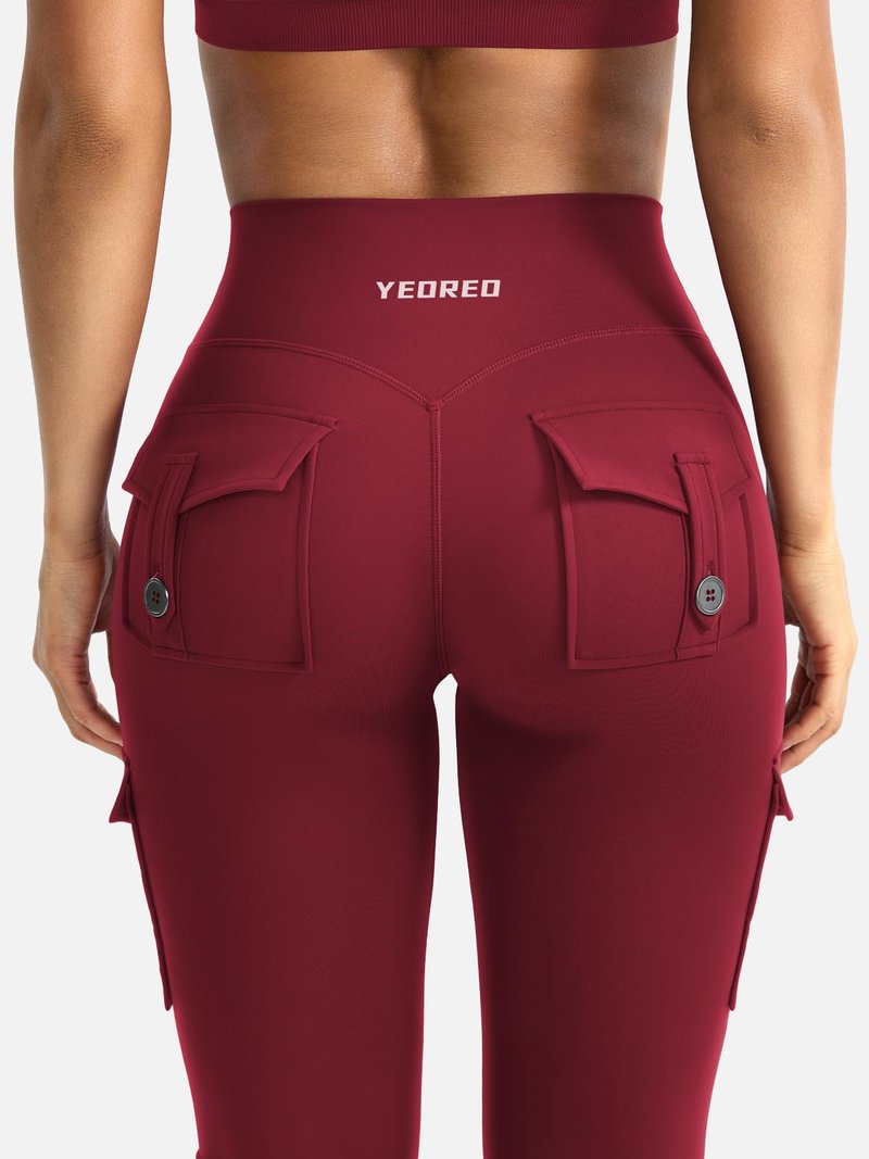 YEOREO CoreFlex Women Workout Flare Leggings with Pockets Scrunch Cargo Gym Yoga Leggings Wine S