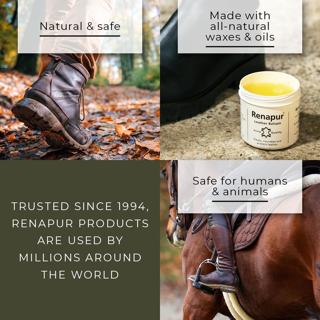 Renapur Leather Balsam, Natural Balm, Conditioner and Restorer (200 ml + Applicator Sponge) — Protector for Leather Sofas, Furniture, Shoes, Bags, Car Seats, Saddlery & Tack (Original)