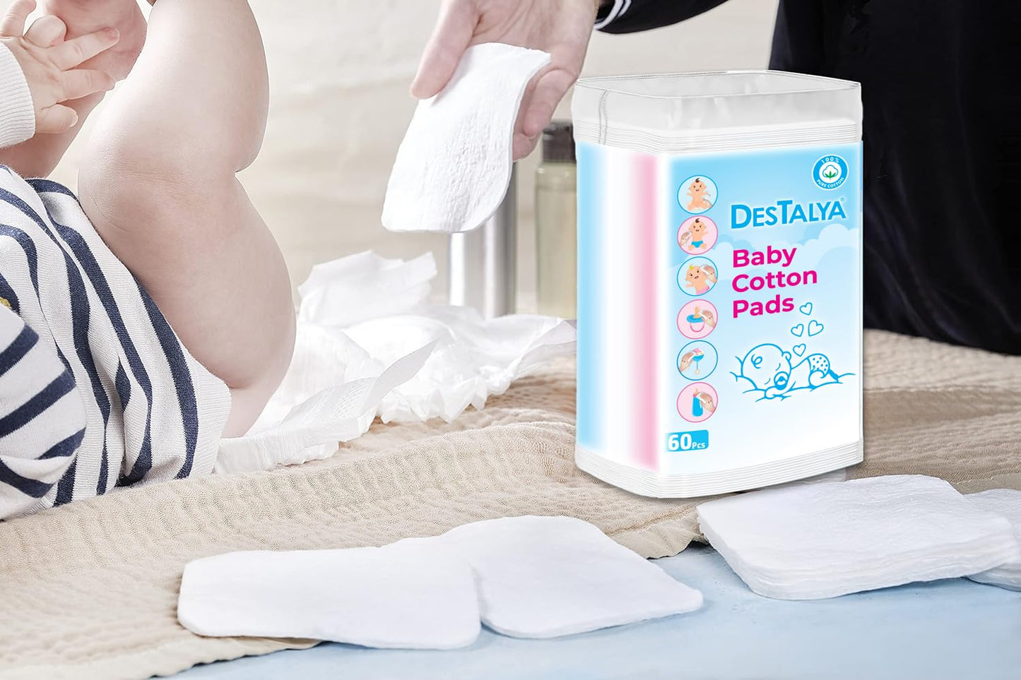 DESTALYA Baby Cotton Pads for Diaper Change | Large Cotton Squares for Sensitive Skin | Disposable Cleansing Wipes | Soft Washcloths for Personal Care, Makeup Removal (Maxi Pads 360)