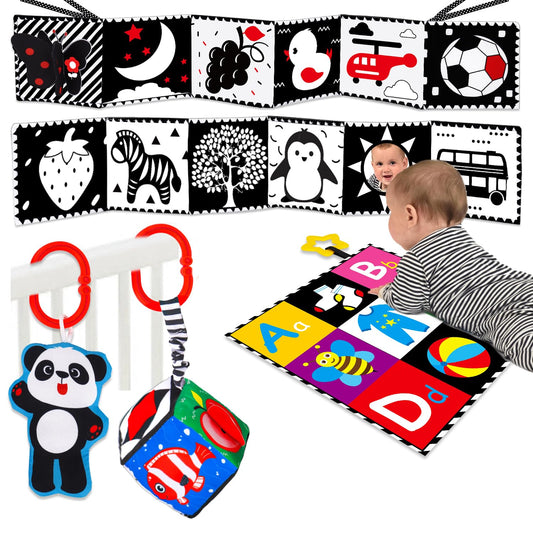 4 PCS Black and White High Contrast Baby Toys 0-3-6 Months Newborn Essential Montessori Toy for Babies Crinkle Sensory Book Brain Development Tummy Time Mirror Infant Carseat Rattle Easter Shower Gift