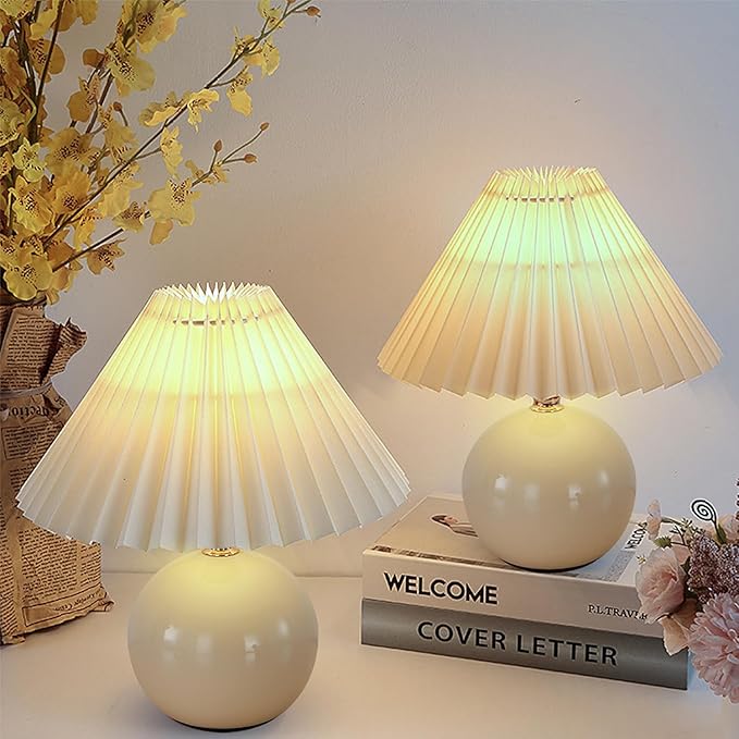 Ceramic Table Lamp for Bedroom, Small Space Pleated Cute Bedside Table Lamp with Switch, Night Light, Decor Desk Lamps for Living Room, Kids Room, Dorm, Office, Nursery with E26 LED Bulb