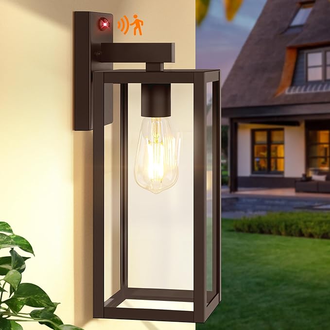 Upgraded Motion Sensor Outdoor Wall Light, Large Size Dusk to Dawn Porch Light Outdoor Wall Sconce Lantern, 3 Lighting Modes Exterior Lighting Fixture Wall Mount, Outside Light for House Garage, Brown
