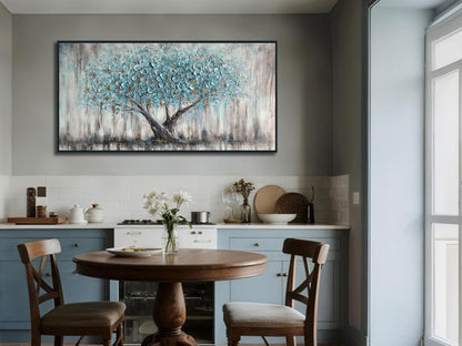 Arjun Tree Wall Art Canvas for Living Room Blue Tree of Life Nature Teal Abstract Textured Painting Picture Modern Panoramic Landscape Artwork Framed Bedroom Home Office Decor, Large Size 40"x20"
