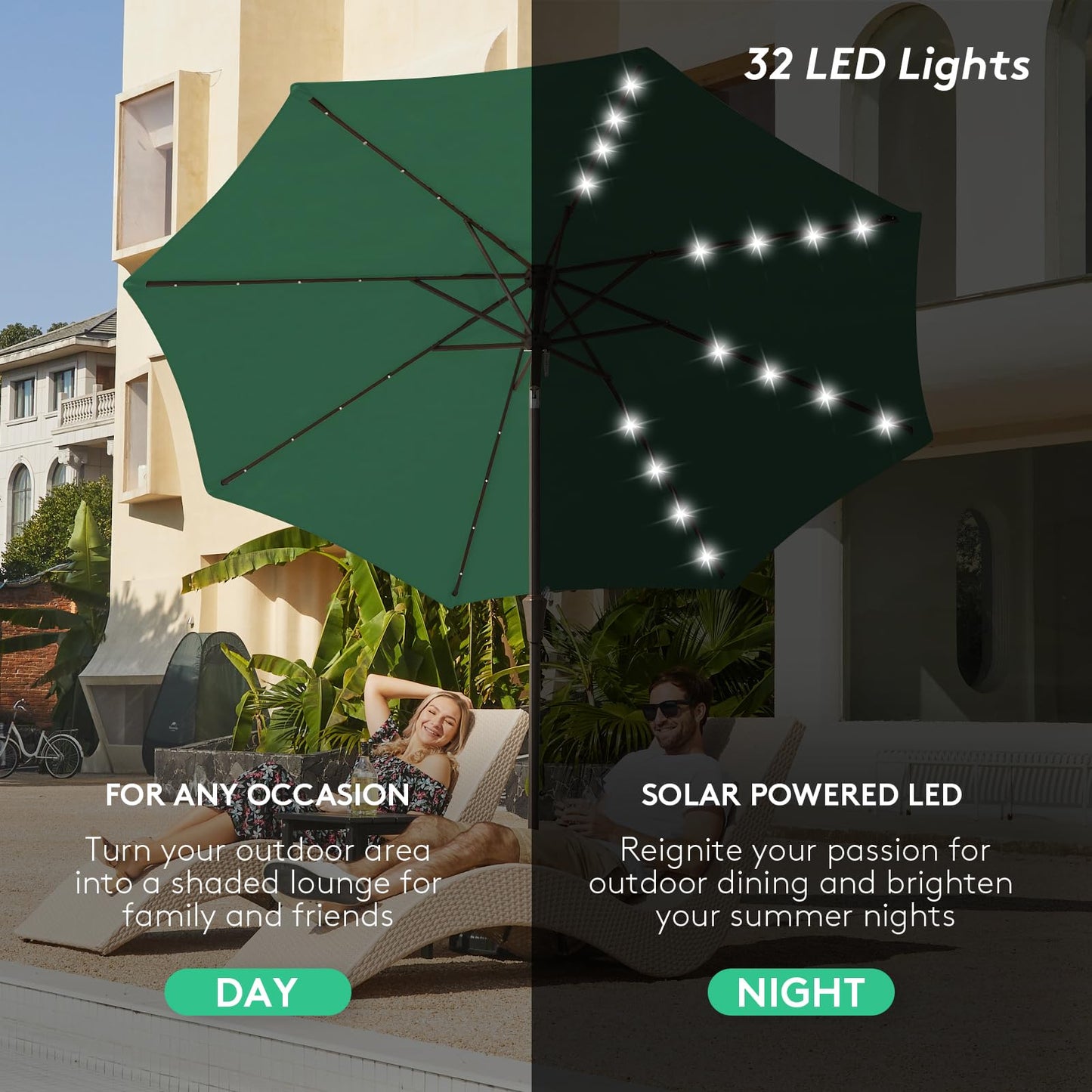 JEAREY Upgrade 9FT LED Lighted Patio Umbrella, Solar Outdoor Umbrella, Tilt Table Umbrella for Pool, Deck & Yard(Dark Green)