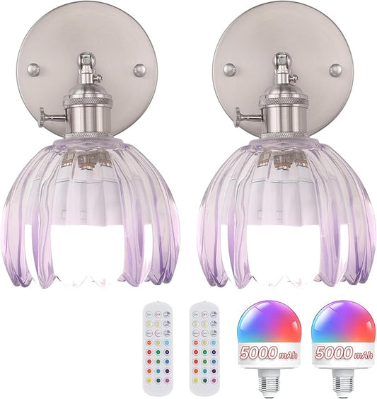 Vintage 5000 mAh Battery Operated Wall Sconce with Translucent Purple Tulip Glass Lampshade Rechargeable Battery Powered Wall Light with Remote Control for Bedroom Doorway, Set of 2